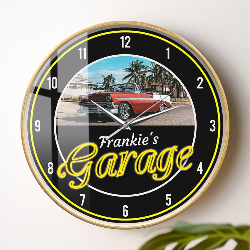 Personalized Garage Wall Clock with Car Picture, 12 Inch Wooden Shop Clocks for Garage Decorative Wood Vintage Car Clock Silent Movement Battery Operated Cars Lovers Man Cave Home Office