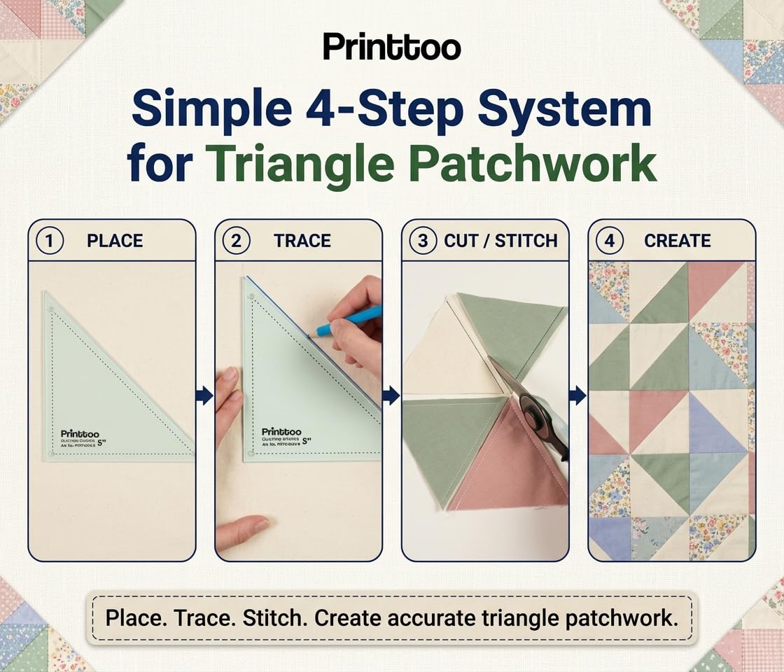 Printtoo Set di modelli triangolari a 90 gradi, 2 mm, in acrilico, per trapunte, patchwork, 7,6 cm, 10,2 cm, per metà quadrato, triangolo, blocchi, taglio tessuto, cucito, fai da te, creazione di