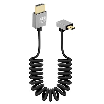 90 Degree 4K Short Micro HDTV to HDTV Coiled Cable,Down Angle Micro HDTVs Male to HDTVs Male Cable,18Gbps HDTVs2.0 Support 4K@60Hz,Compatible with Cameras,Monitors 2.3FT/0.7M
