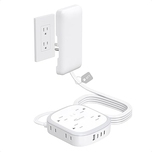 Miniatura 11 de Cable de extensión de cubierta de toma plana de 6 pies, tira de alimentación de enchufe plano NUTICT con 8 tomas y 3 puertos USB-C y 1 puerto USB-A,