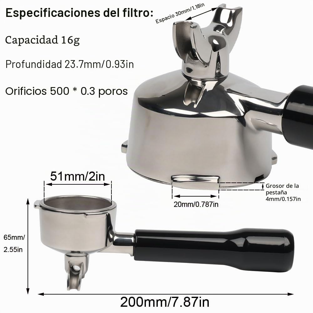 Portafiltro de 51 mm para Cecotec Power Espresso 20/Casabrews CM5418 con doble caño – Soporte de filtro de acero inoxidable con colador