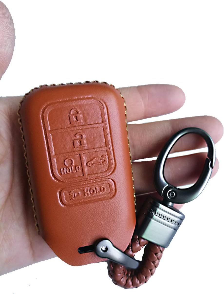 Brown Hand Sew Leather Keyless Entry Cover Key Fob Case Protector Jacket Remote Bag For 2015 2016 2017 2018 2019 Honda Accord Civic CR-V Insight Pilot EX EX-L Touring Premium