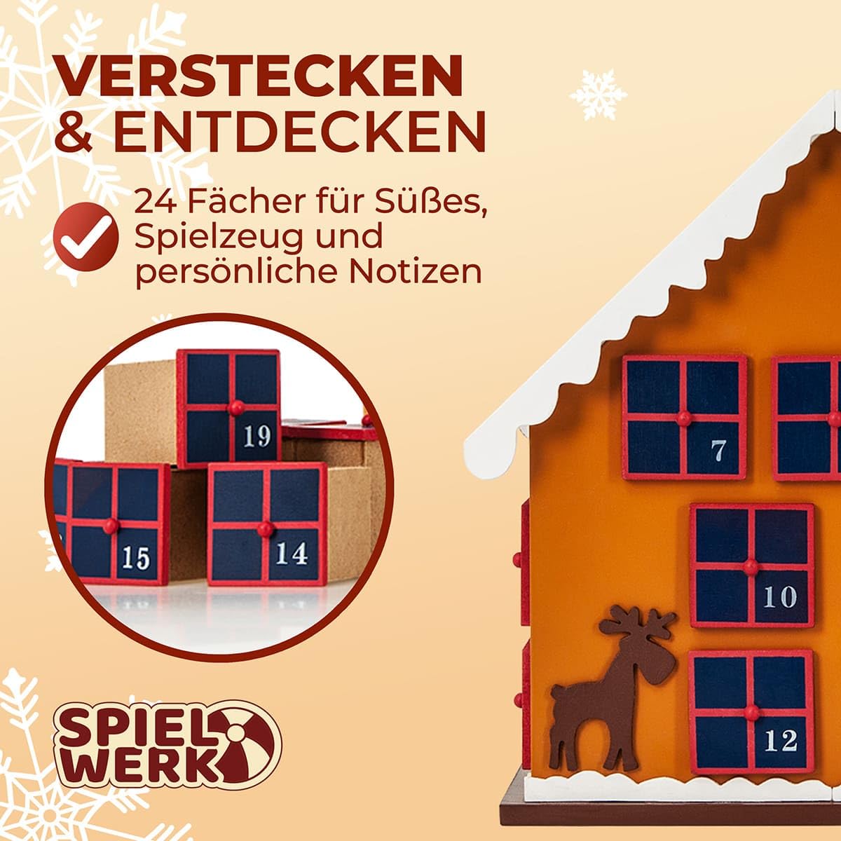 SPIELWERK® Adventskalender Winterhäuschen zum Befüllen 24 Türchen wiederverwendbar Bunt Bemalt Weihnachten Kinder DIY weihnachtliche Holz Dekoration