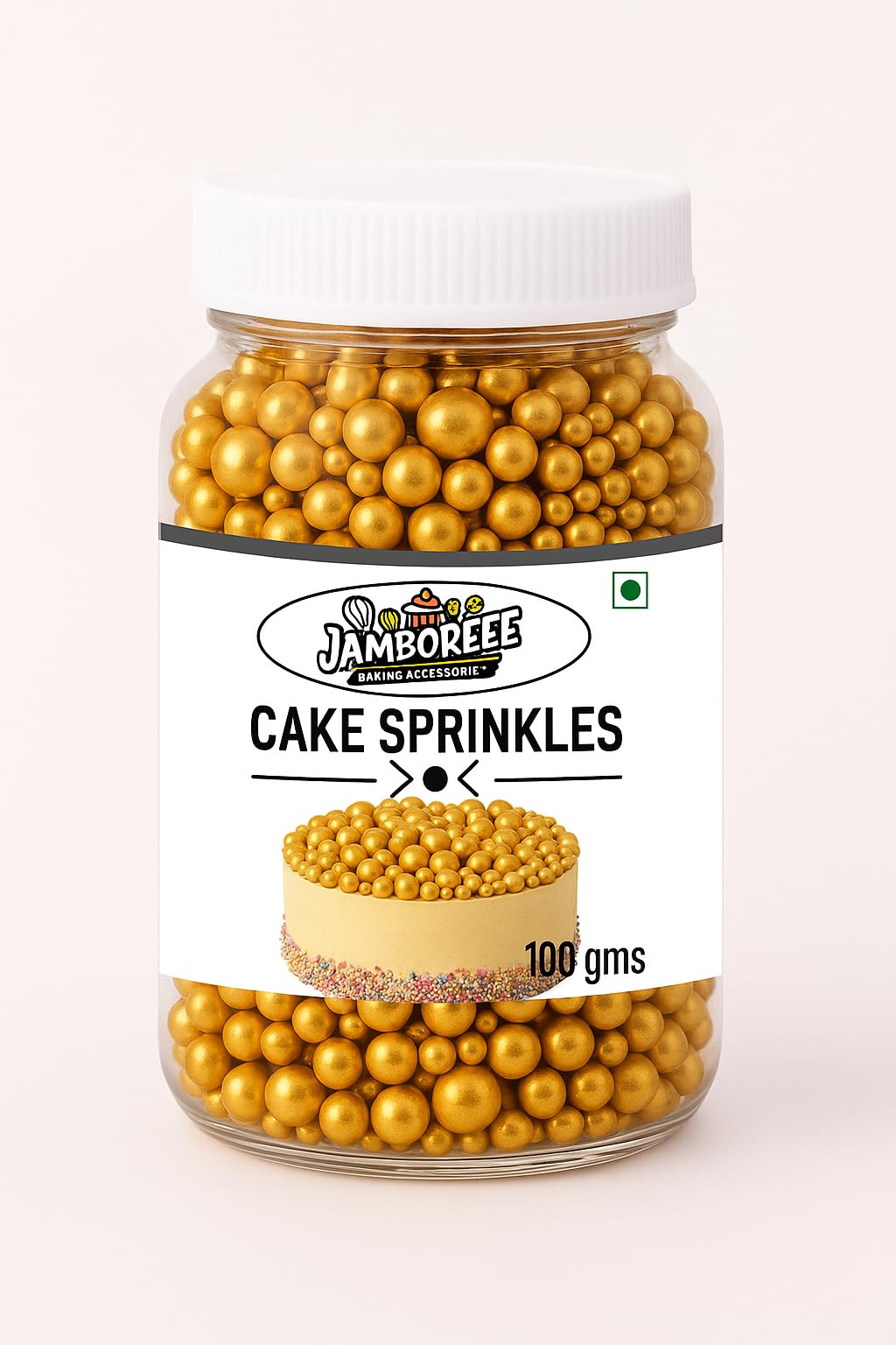 Jamboreee Golden Cake Sprinkles – Edible Metallic Gold Balls for Cake Decoration, Cupcakes, Desserts & Baking – 100g Jar