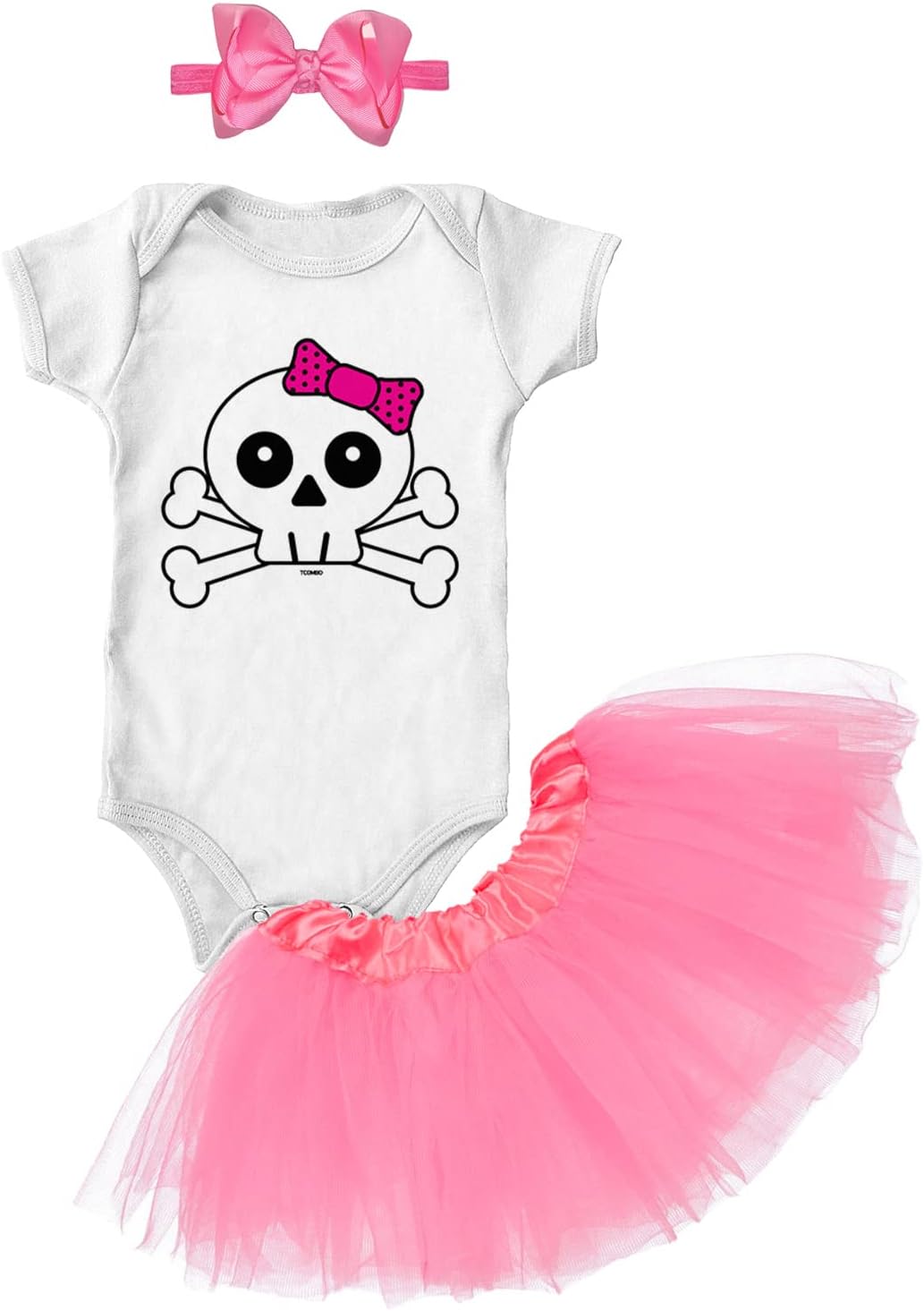 Tcombo Skull With Pink Bow - Crossbones Baby Bodysuit + Tutu Skirt + Bow Headband Set