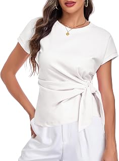 T-Shirt Damen Rundhals Kurzarm Sommer Blusen, Oberteile Slim Fit Elegant Basic Shirt mit Tailleband