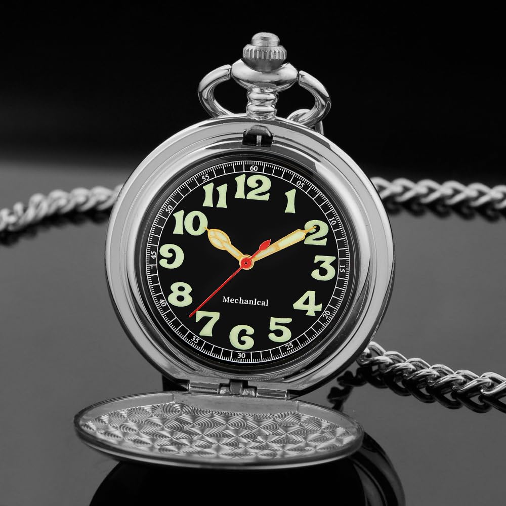 Reloj de bolsillo mecánico con números arábigos luminosos con cadena y caja, el mejor regalo (PJX008-plateado-1), Plateado-08-1, Regalo