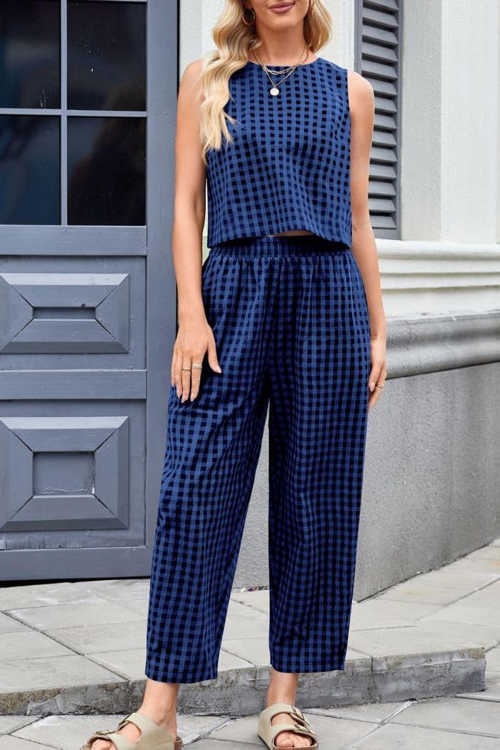 Women's 2 Piece Lounge Outfits Plaid Sleeveless Tank Tops Pullover High Waist Wide Leg Barrel Pants Tracksuits