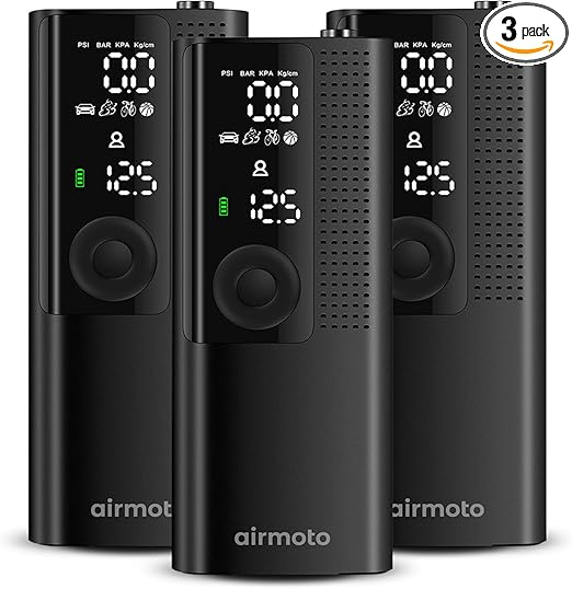 Airmoto Tire Inflator Portable Air Compressor - 3pack - Air Pump for Car Tires with Tire Pressure Gauge (120 PSI) - One Click Smart Pump Tire Inflator for Car, Motorcycle, Bicycle and More