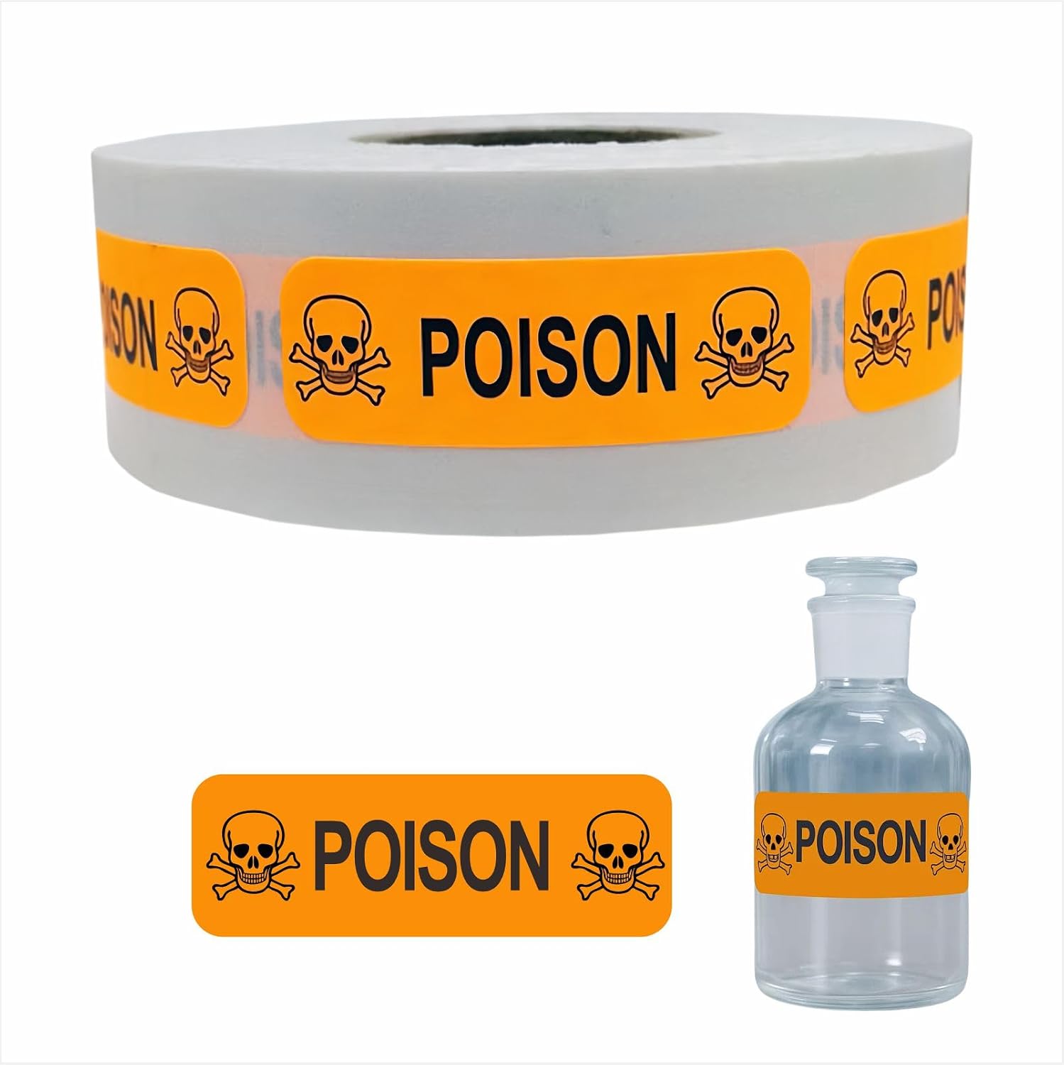 Fluorescent Orange “Poison” Warning Labels, 500 Labels/Roll, Self-Adhesive Safety Stickers for Packaging, Bottles & Hazard Containers, 0.5" x 1.5"