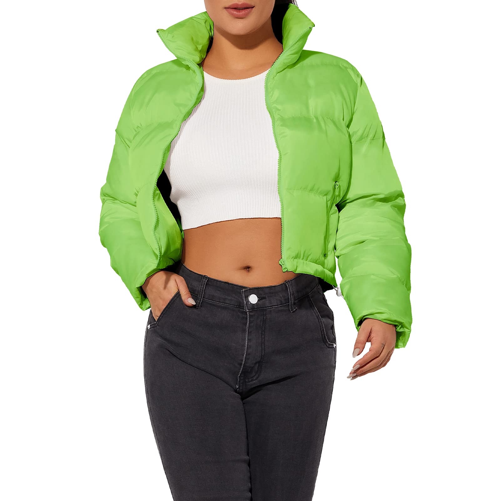 Photo 1 of 5X-Large Hujoin Women's Crop Short Jacket Cropped Puffer Jacket Lightweight Coat 5X-Large GREEN