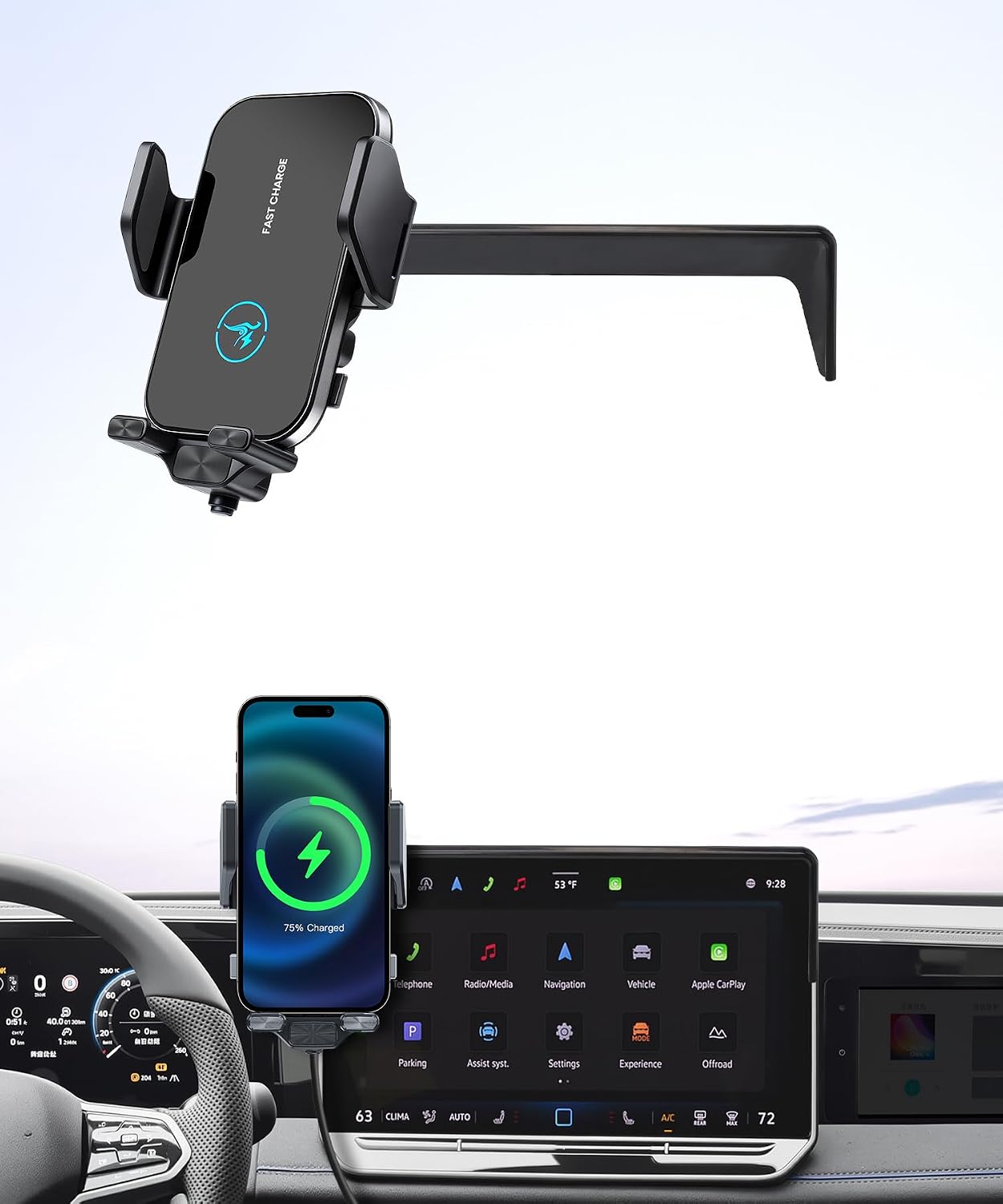 15W Wireless Fast Charger for Volkswagen Tiguan 2025-2026 Accessories 15 inch Screen Fixed Clip, Interior Decoration Mobile Phone Mount, 360° Rotation, Vehicle-Specific Custom Mount