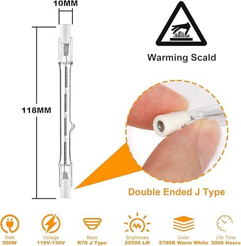Miniatura 7 de Bombillas R7S, paquete de 10 bombillas halógenas R7S T3 de 4.646 in, 200 W, 120 V, bombilla halógena tipo J con larga vida útil, bombillas de doble