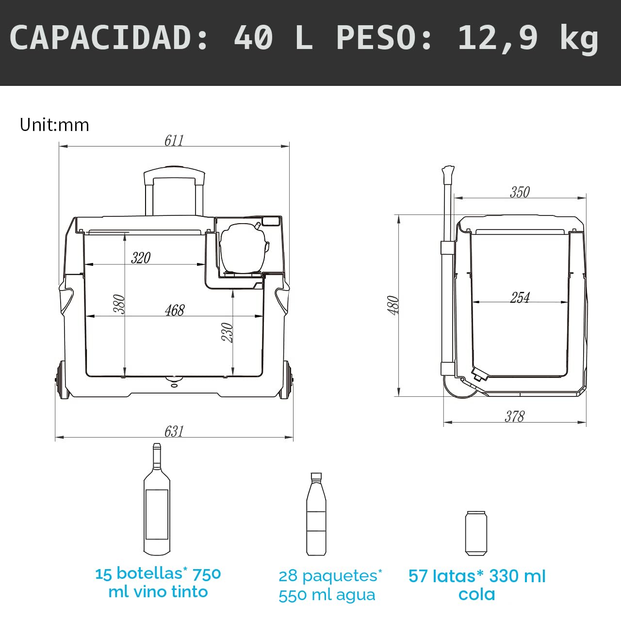 Alpicool CX40 40 litros Nevera portátil 12 V, para Coche, Camping, camión, Barco y Enchufe con conexión USB, Barra telescópica, Rueda