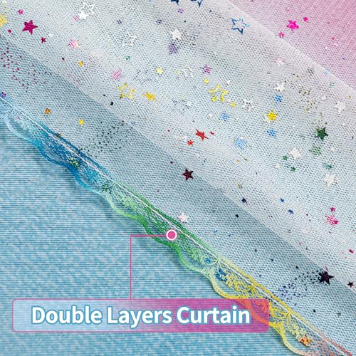 Image of 2-in-1 Double-Layer Kids & Girls Unicorn Princess Ombre Blackout Curtains with Foil Print Sheer, 2 Panels Set for Bedroom, Nursery, Living Room - Yellow Purple Blue, 34W x 63L