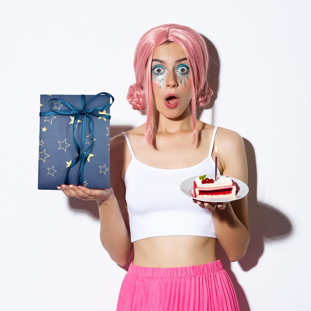 Carta da regalo di grandi dimensioni: rotolo di carta da regalo natalizia in carta kraft blu con motivo a stella, carta riciclabile, 95 cm x 12 m