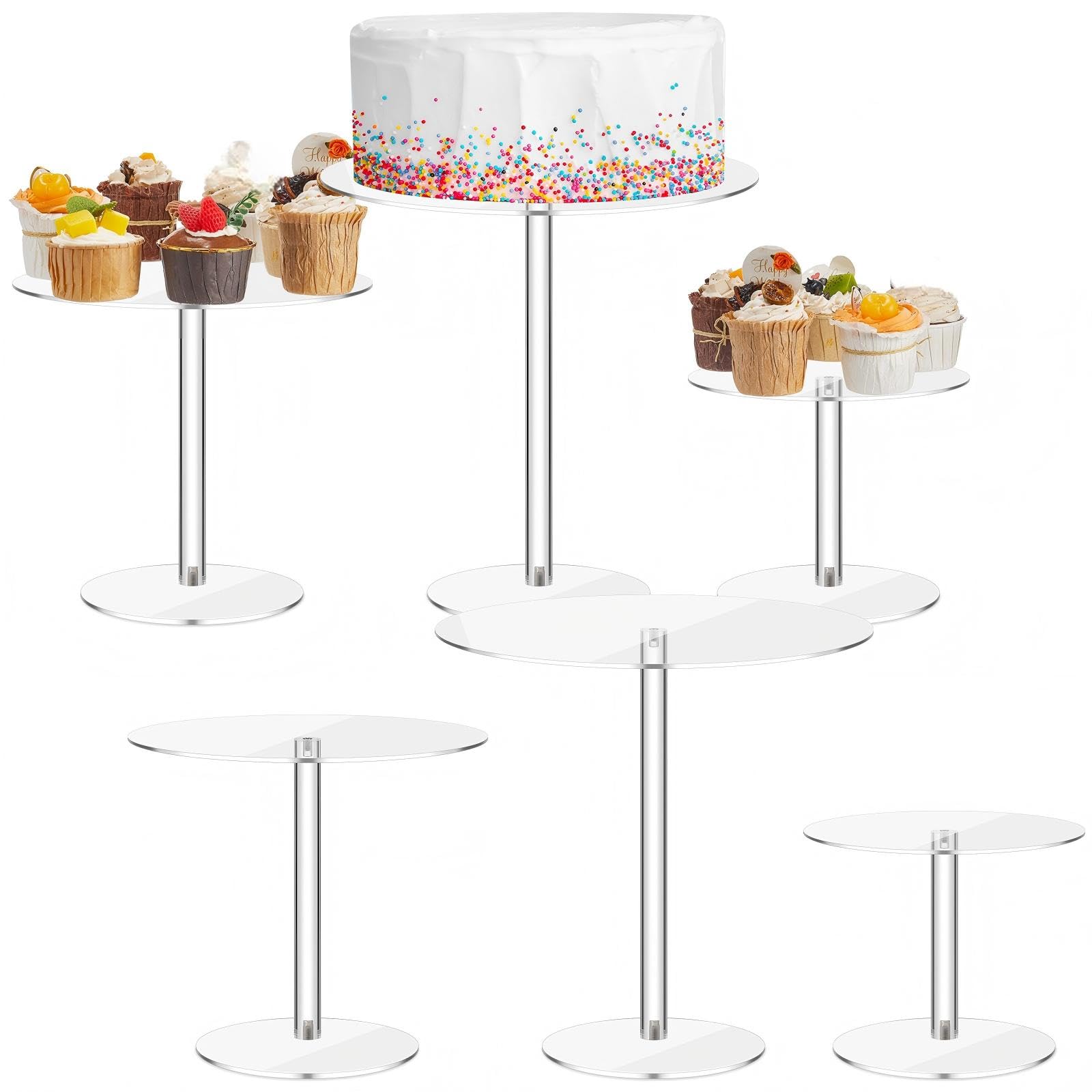 Hsei Lot de 6 présentoirs à gâteaux ronds en acrylique transparent | Ensemble de présentoirs à étages pour mariage, fête d'anniversaire, événement, plateau de présentation, desserts, pizzas
