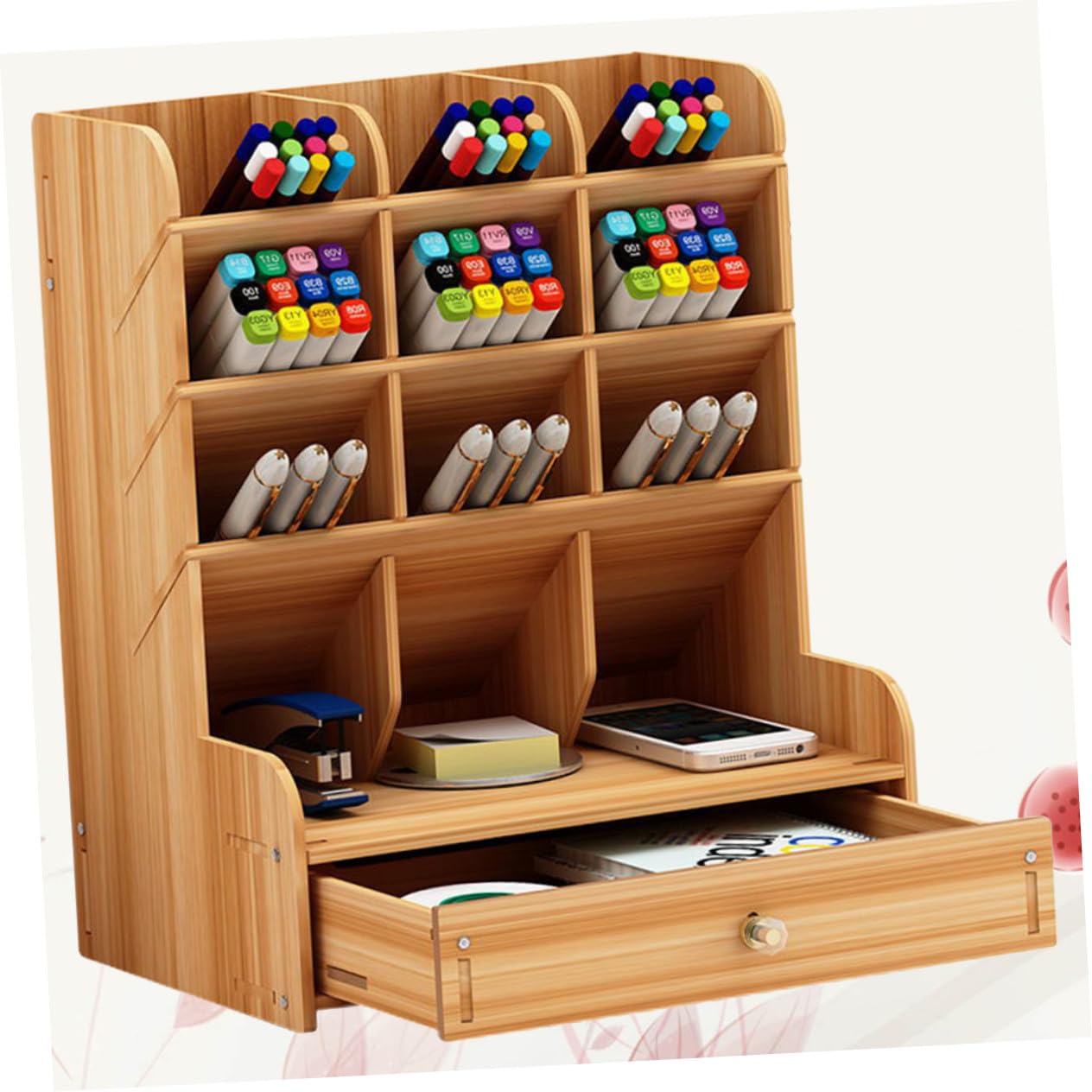 Cabilock Organizer Scrivania in Legno Massello con Scomparti Multipli Porta Penne Grande Capacità per Ufficio e Casa Design Semplice e Moderno in Ciliegio