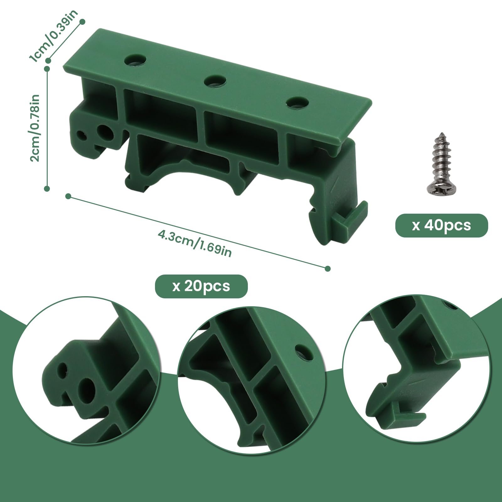 20 Piezas PCB DIN Soporte de Montaje, Verde PCB DIN C45 Adaptador Juego de Adaptadores con 40 Tornillos, Carril DIN Adaptador para Carril de Montaje DIN 45 35 mm PCB Soporte de Montaje