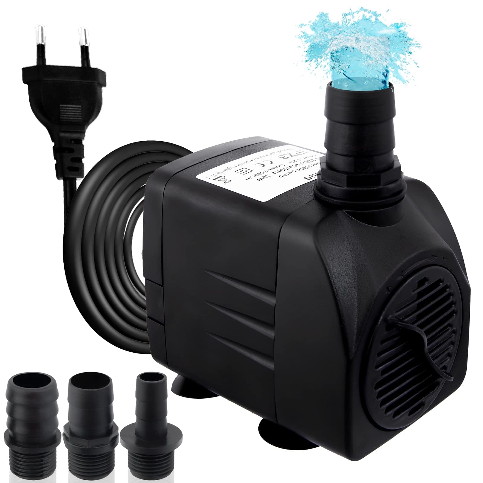 Awroutdoor Water Pump Submersible Pump, Ultra Quiet Pond Pumps, 2000 L/H Aquarium Pump for Pond, Fountain, Aquarium, Garden, Submersible Pump, 3 Nozzles, 13-16-19 mm, with 4 Strong Suction Cups (30 W)