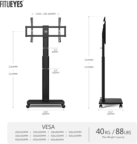 Miniatura 6 de FITUEYES Soporte de suelo de TV con ruedas para televisores de 32 a 65 y 70 pulgadas, carrito de TV móvil portátil con ruedas, soporte de TV alto