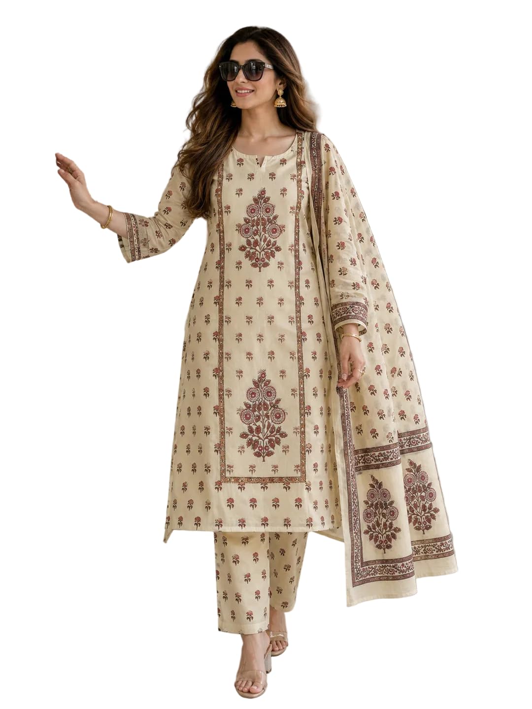 berrylicious Women Cream Cotton Printed & sequinned Embroidered Kurta with pant & Dupatta-picture-35