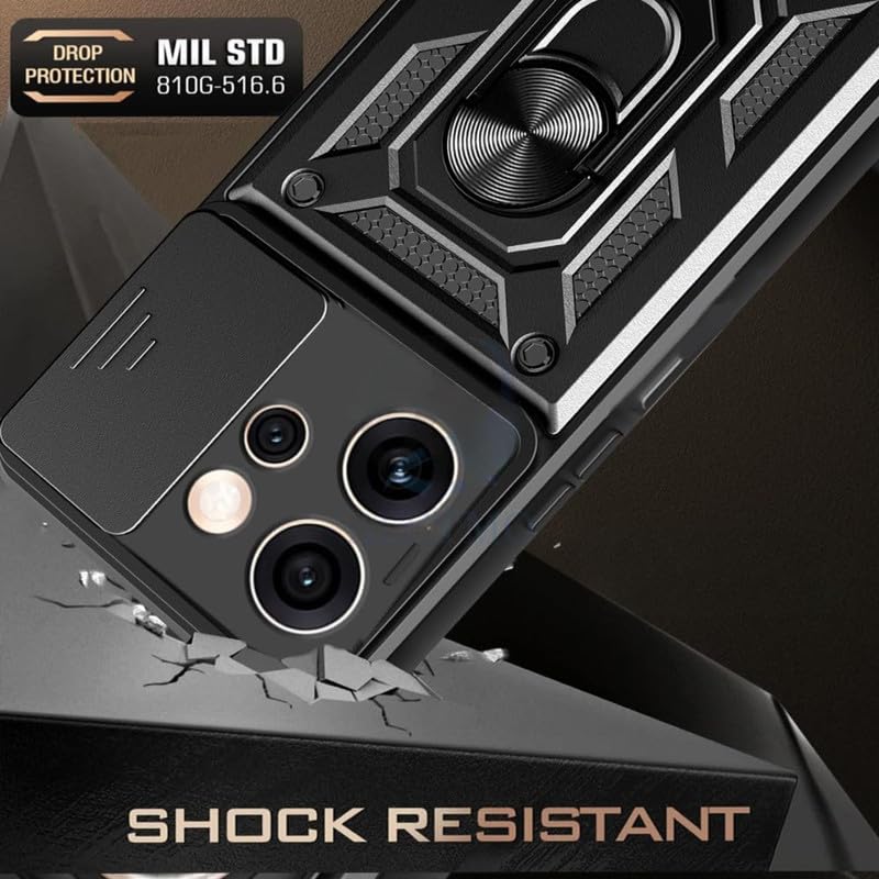 Image of Heavy Duty Back Case Cover for Oppo Reno 15 Pro Mini 5G, Shockproof Oppo Reno 15 Pro Mini Back Cover, Ring Case with Kickstand and Camera Protection Shutter - Black