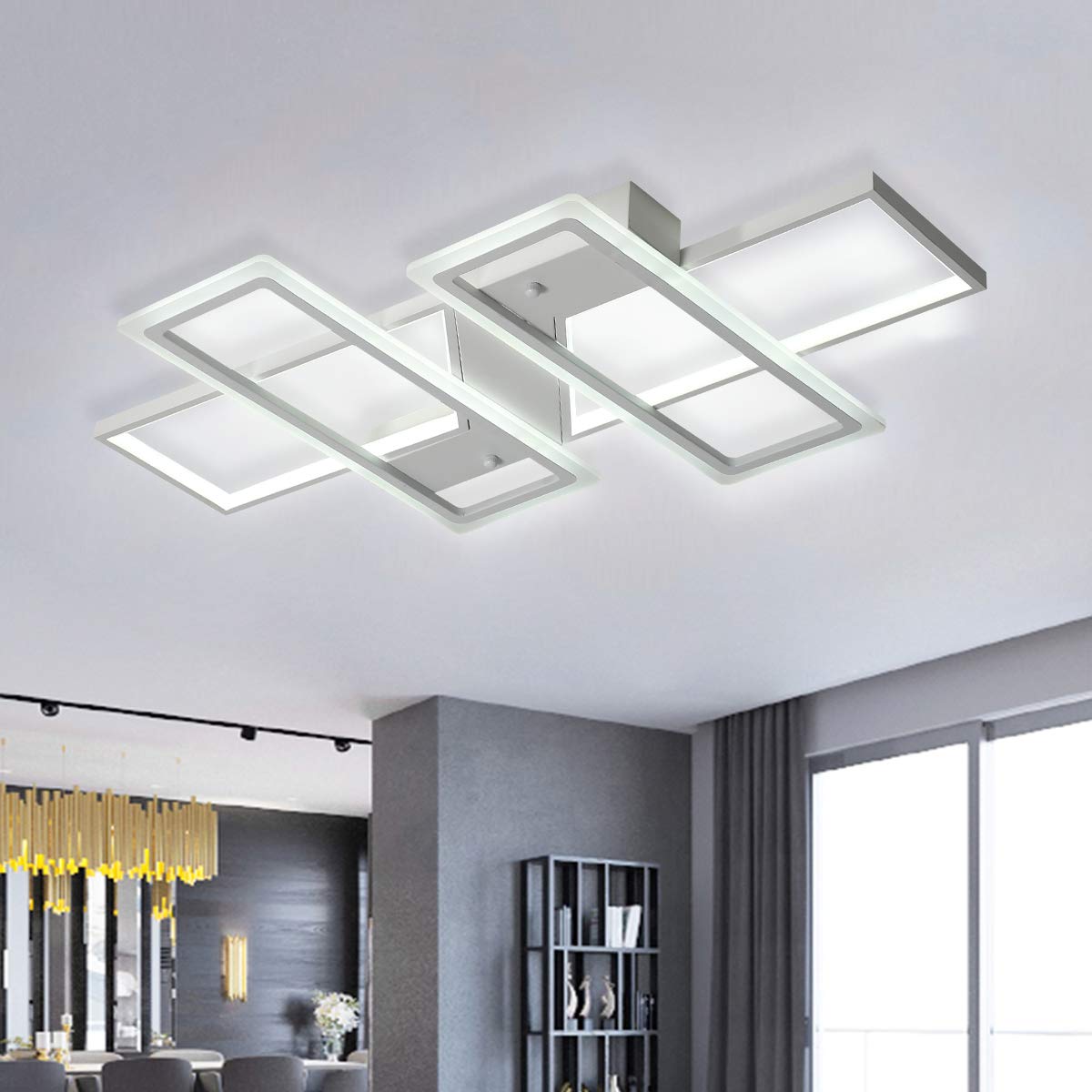 Jaycomey Ceiling Light,95W LED Ceiling Lamp with 4 Squares,White Acrylic Modern Flush Mount Ceiling Lights Fixture for Living Room Bedroom Kitchen Study,Cool White/6000K