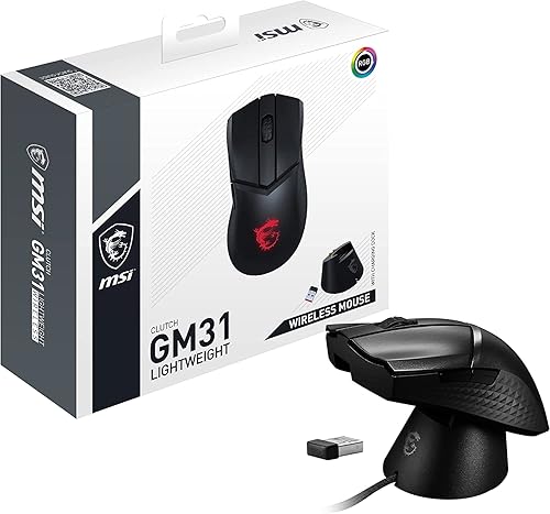 MSI Clutch GM31 - Mouse ergonómico ligero y inalámbrico para juegos y base de carga sensor óptico DPI de 12 K interruptores Omron de 1969ft batería