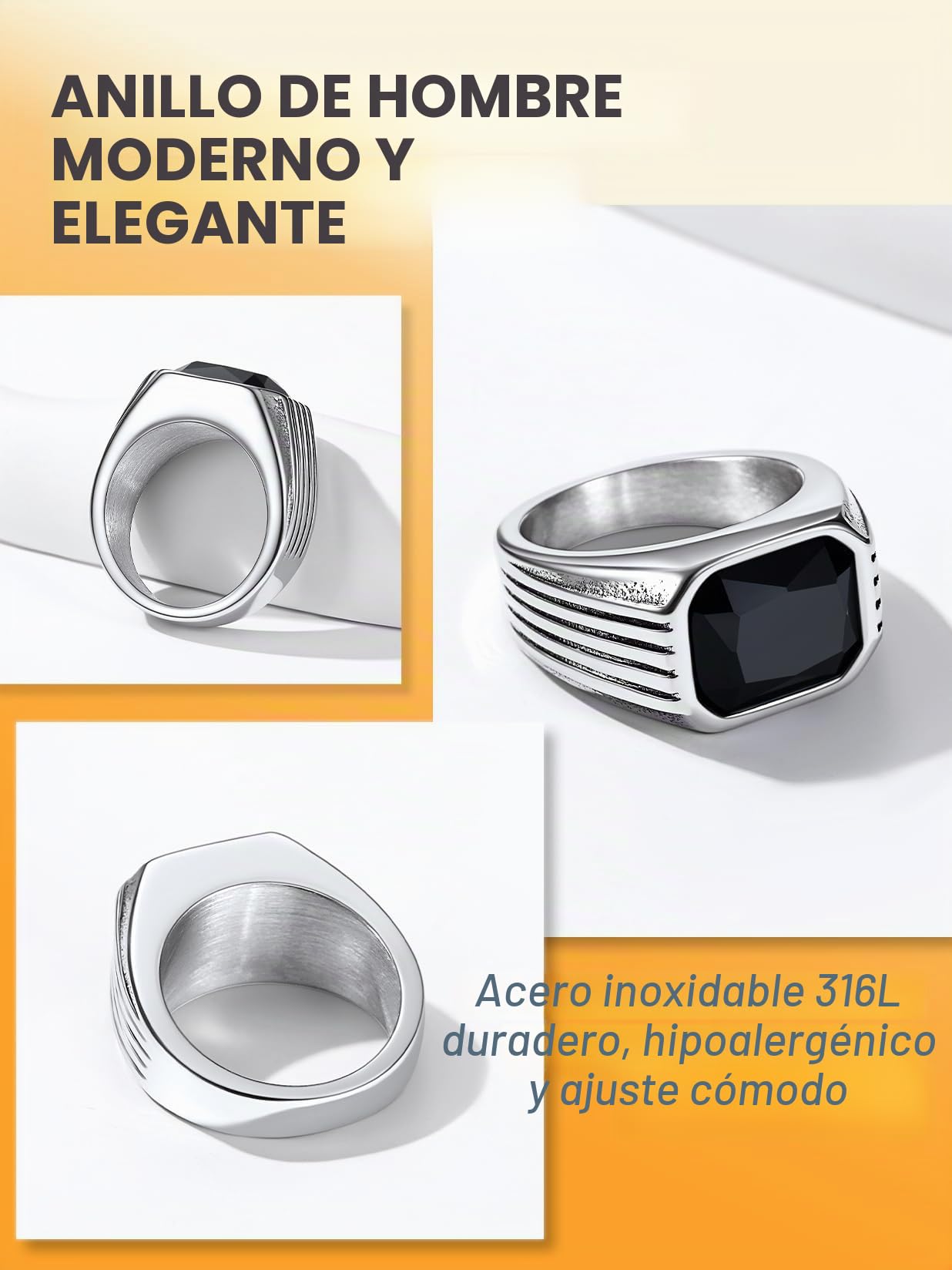 Bestyle Anillos Acero Inoxidable Hombre, Anillo de Sello Grueso para Hombre, Anillo con Piedras Preciosas Sintéticas, Talla 14.5-32.5, con Caja de Regalo