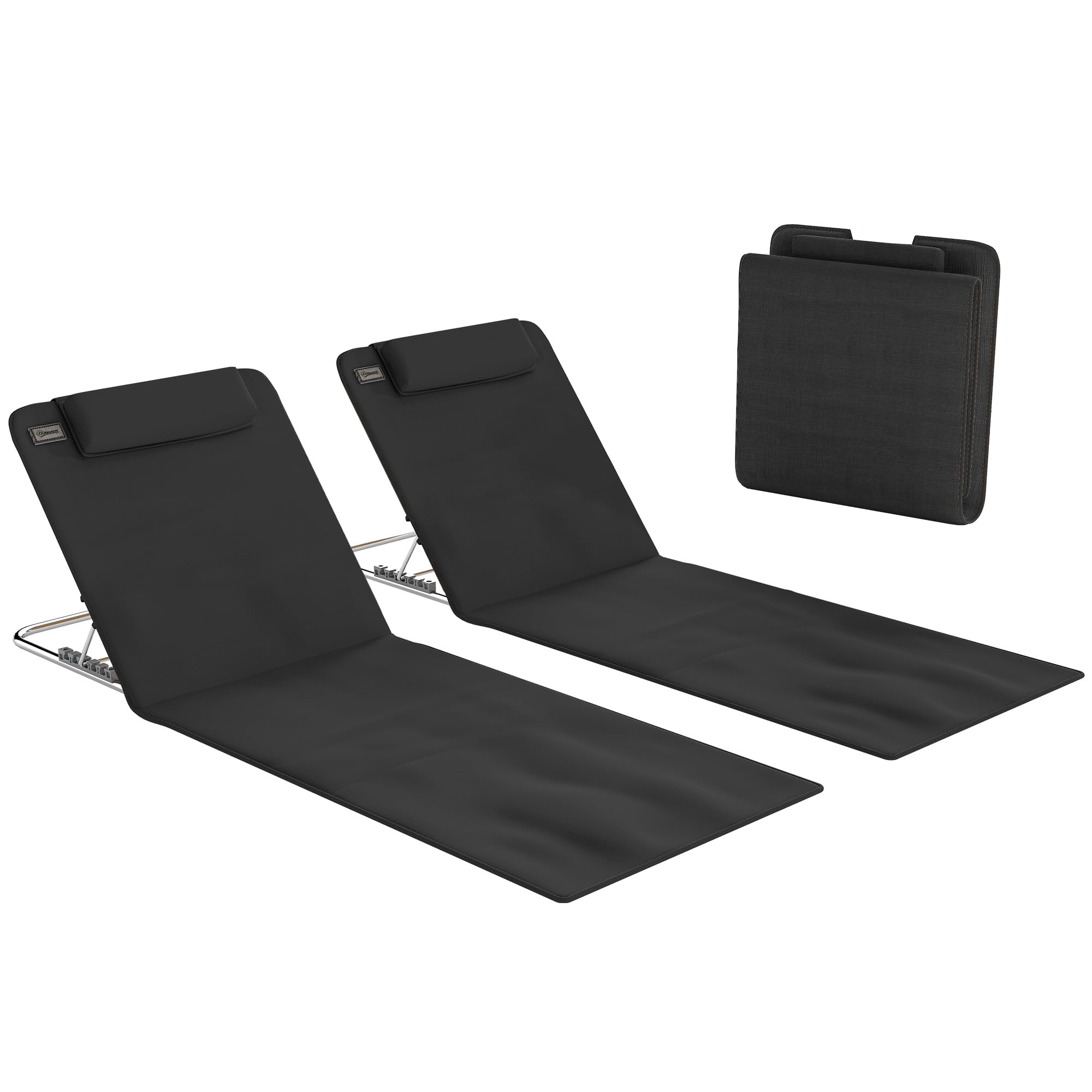 Outsunny Conjunto de 2 Esterillas de Playa Plegable Esterillas con Respaldo Reclinable en 5 Niveles Reposacabezas y Bolsa de Transporte 134x48x33-43 cm Negro