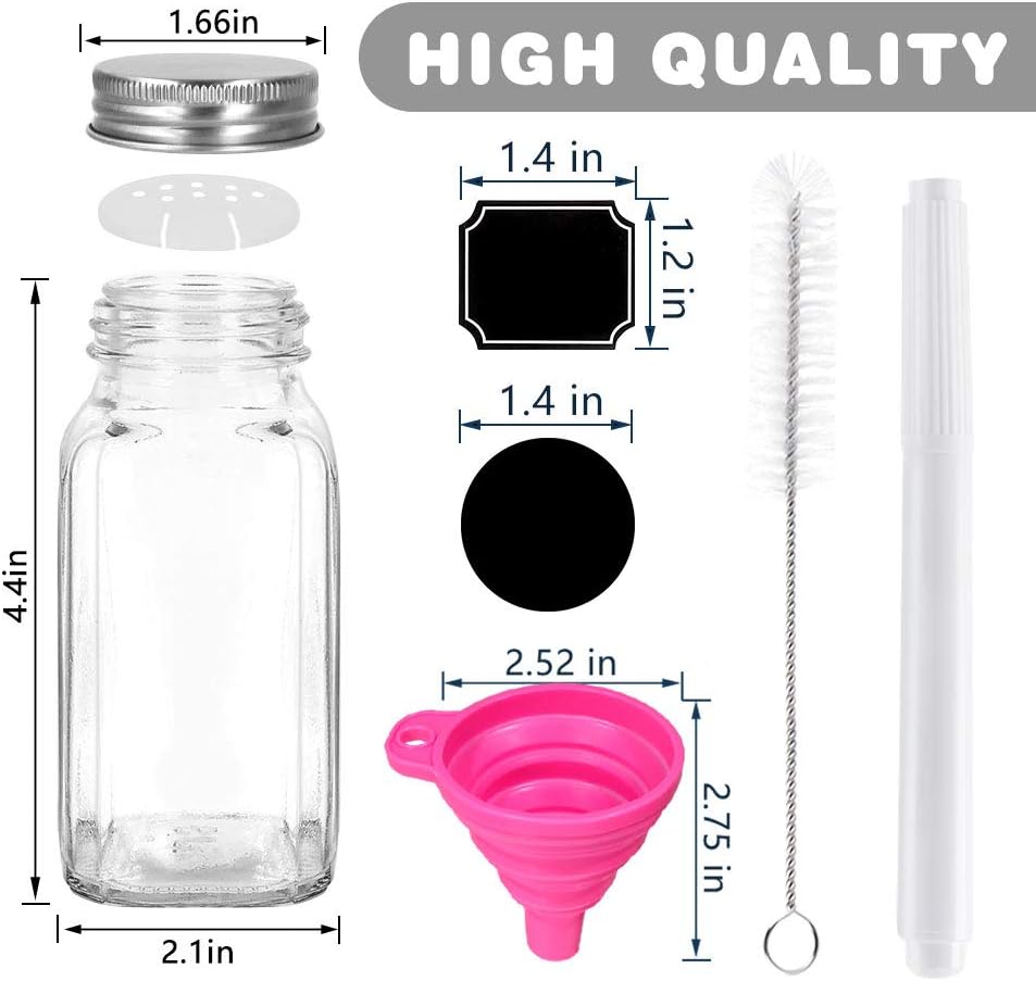 6 oz Empty Glass Spice Jars,Set of 30,Square Glass Seasoning Jars & Salts Containers with Metal Caps and Shaker Lids for Home & Kitchen. Include 1 Pen,1 Funnels and 40 Labels.