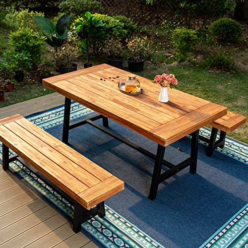 Sophia & William 3 Pieces Acacia Wood Patio Dining Set With 1 Rectangular Table And 2 Benches, Outdoor Oil Finished And Spray Painted Wood Table And Benches For Porch Poolside Yard Decker, Teak Color #TOP3