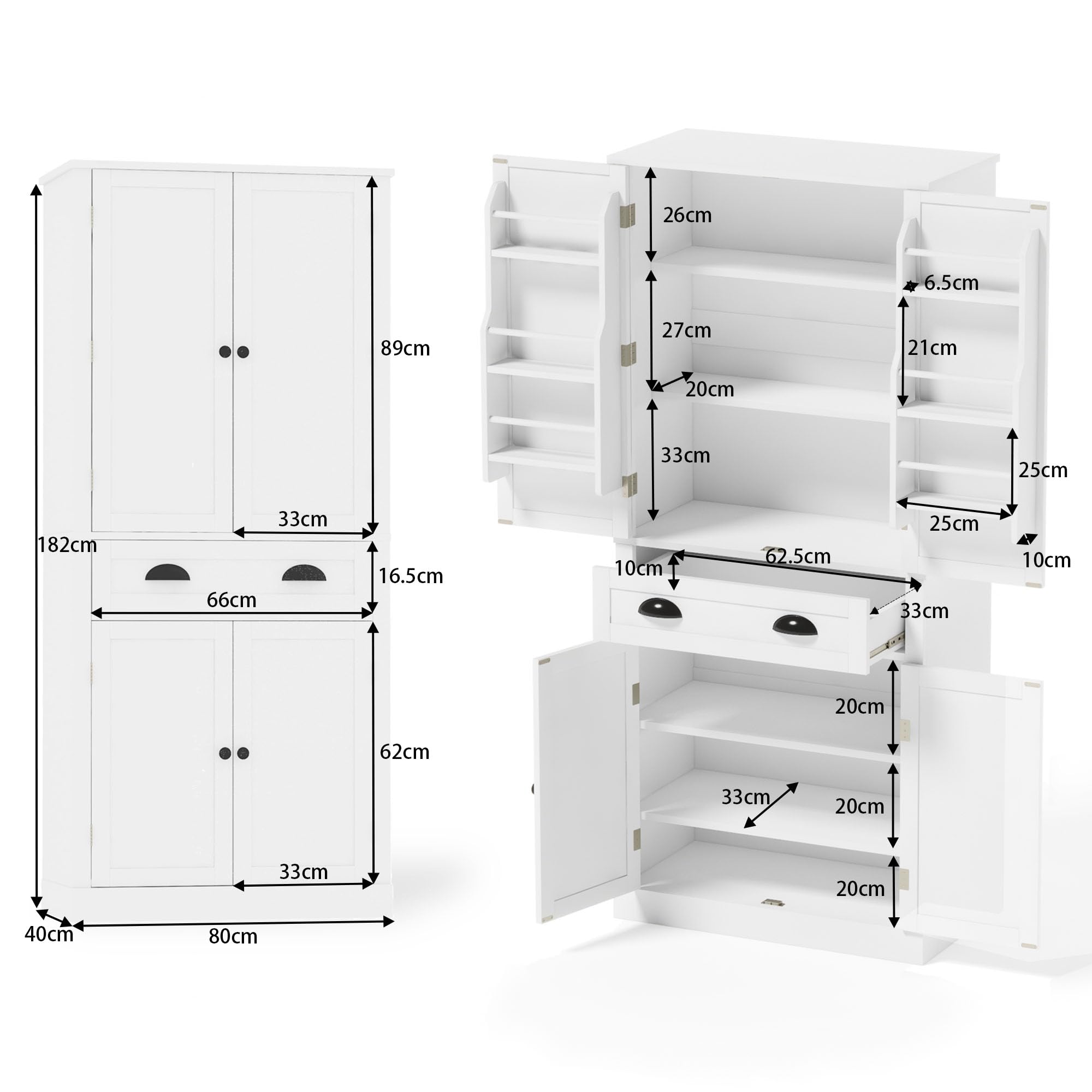 SACOOL Armadietto a 4 ante e 1 cassetto, 2 ante con ripiani, 6 scomparti e 4 ripiani regolabili, adatto per cucina, sala da pranzo e soggiorno, bianco