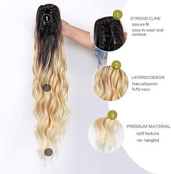Long 25inch Thick Ponytail Hair Extension Invisible Claw Clip in Ombre Loose Curl Pony Tail Hairpiece 1# Black Ombre Blonde