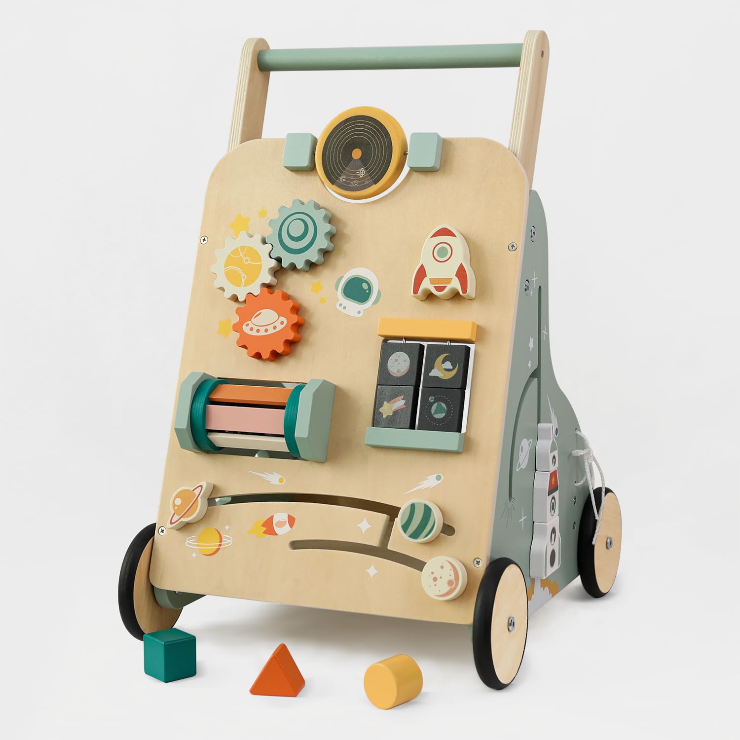 MILEFUN Wooden Baby Walker with Wheels & Activity Center, Walker for Baby boy 6-12 Months, Adjustable Height Baby Push Walker, Baby Walkers for Boys & Girls 1-3 Years Old Learning Montessori Toys