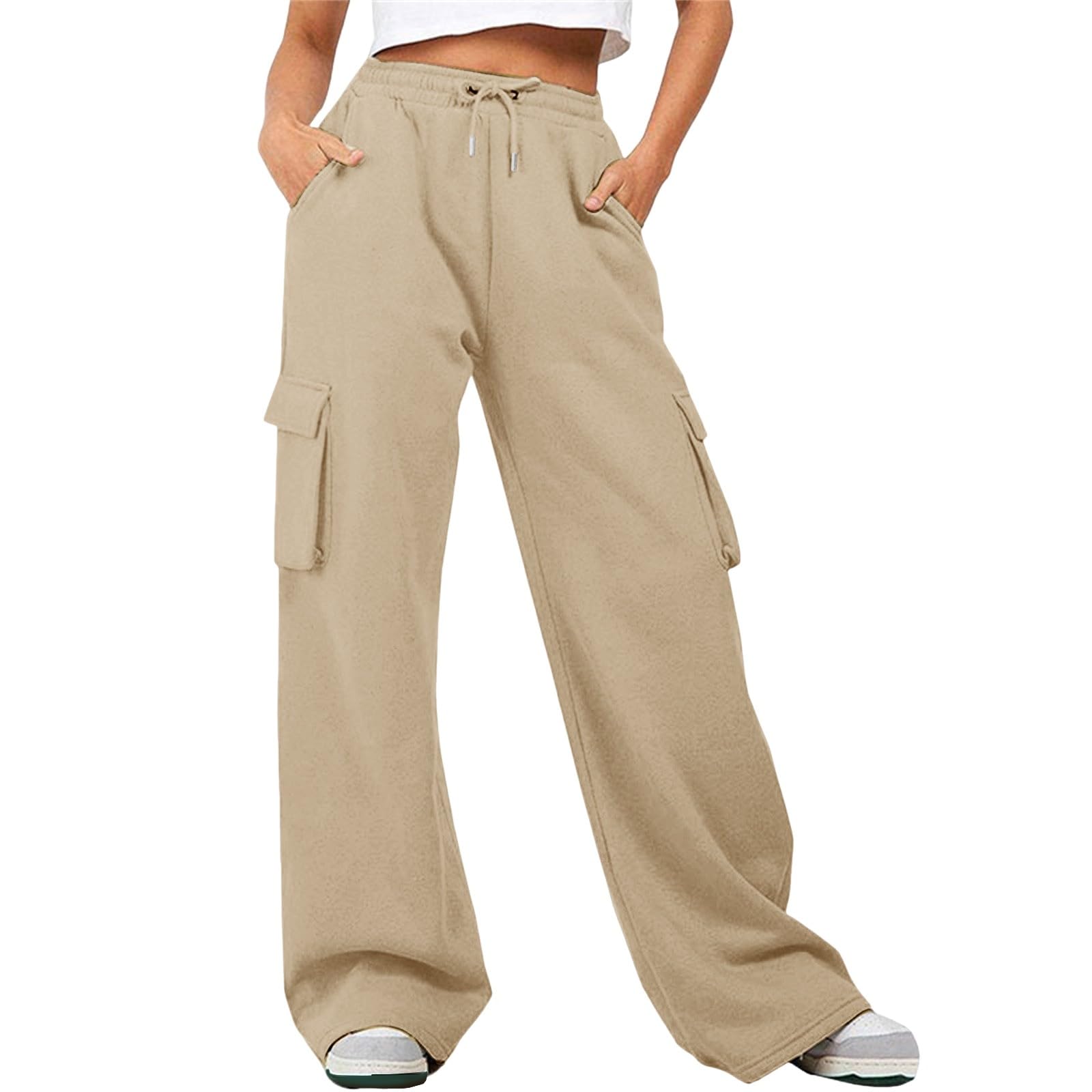 Pantaloni Cargo Larghi Donna QIXING Autunno 2024 - Tinta Unita Morbida Con Tasche, Vita Media
