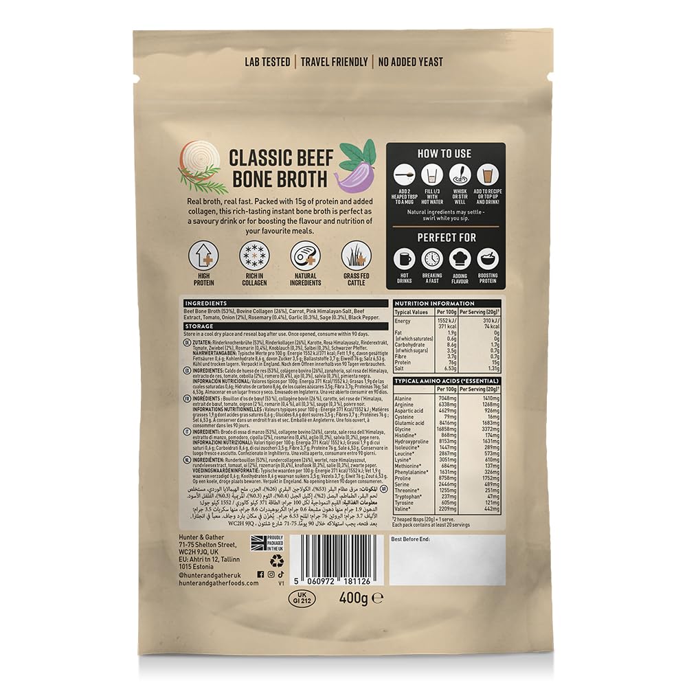Hunter & Gather Brodo di Ossa di Manzo in Polvere 400g | 15g di Proteine & Collagene da Bovini Europei Nutriti a Erba | Istantaneo, Senza Glutine | Non Serve Refrigerazione | 74 kcal/porzione