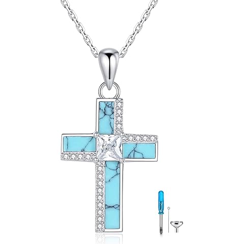 ReBest Urn Cross Necklace for Women for Ashes Sterling Silver Turquoise Cross Pendant Cremation Jewelry for Human Ashes Memorial Keepsake Gift for Loved Ones