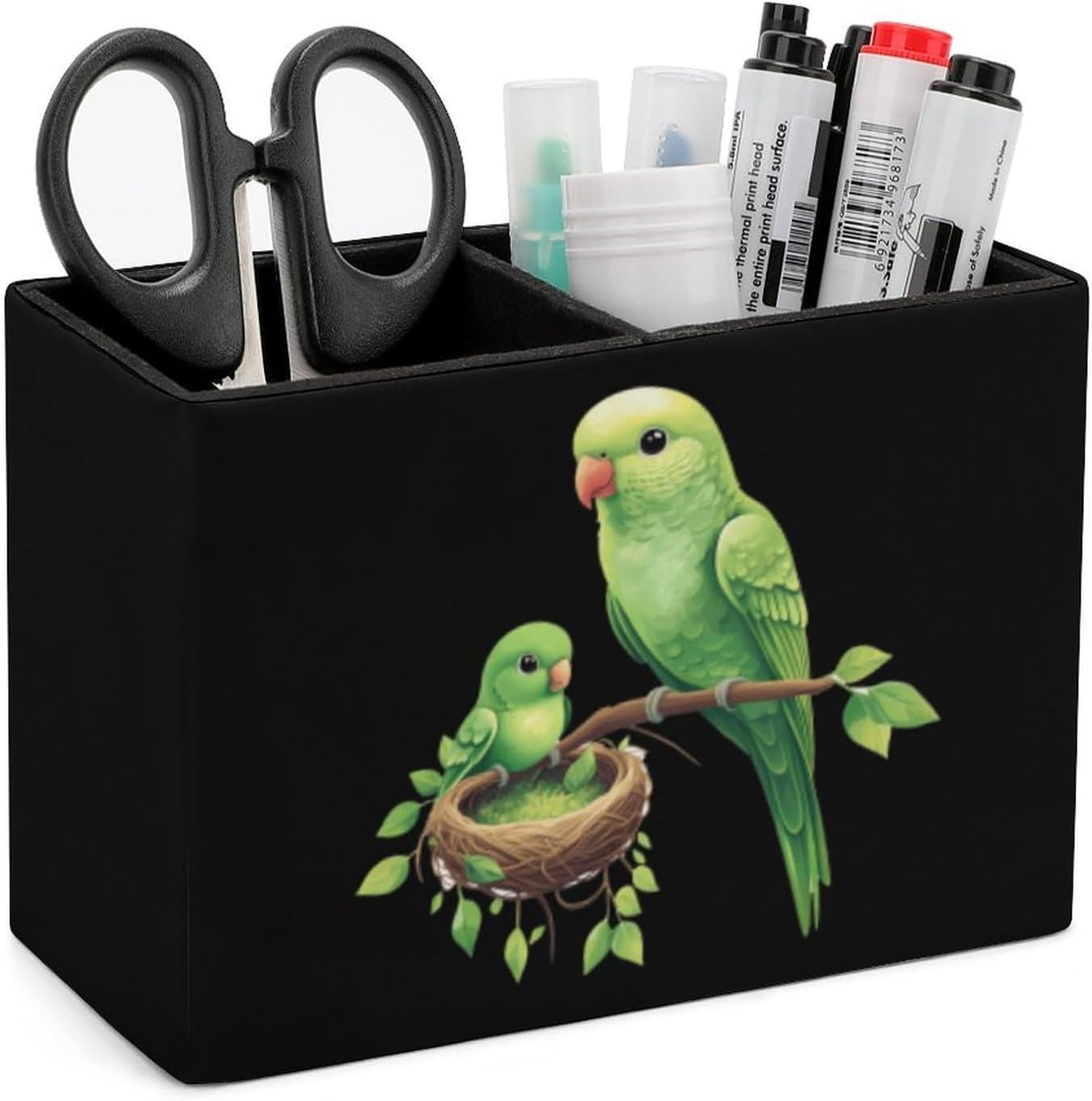 Parakeet Parrots Print Pencil Pen Holder PU Leather Desk Storage Organizer Makeup Brush Box