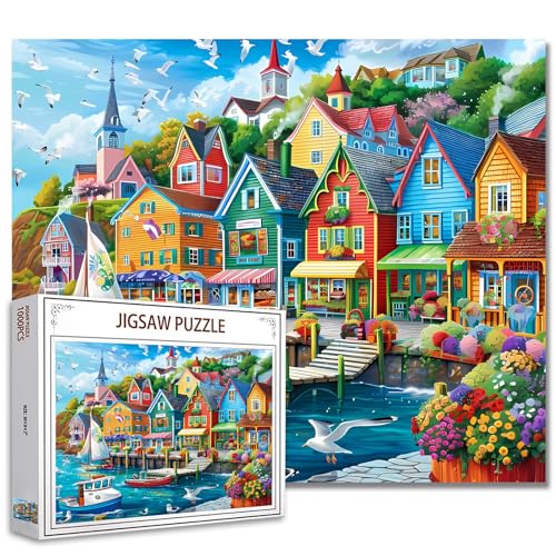 Tucocoo Colorful Seaside Town Jigsaw Puzzles for Adults 1000 Pieces, Coastal House Scenery Art Jigsaw Puzzle 27x20 Inch Colorful DIY Puzzles for Home Decoration, Family Puzzle Perfect for Game Nights