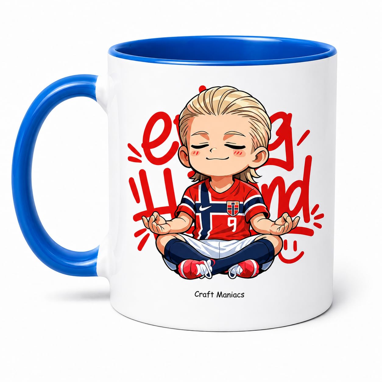 CRAFT MANIACS Blue Rim Erling Haaland Zen Mode Cartoon Coffee Mug | Two-Tone Design, Football Fan, Norway Jersey Print, Ceramic Mug, Novelty Drinkware-image-32