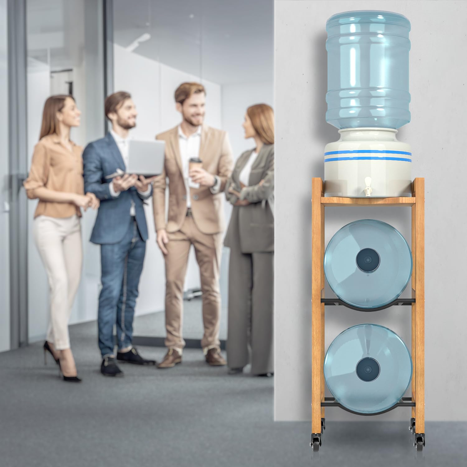 3-tier 5 gallon water jug holder with top shelf - 4 metal wheels or adjustable feet - natural hardwood water dispenser floor stand - wooden organizer for kitchen, office, garage - space-saving design.