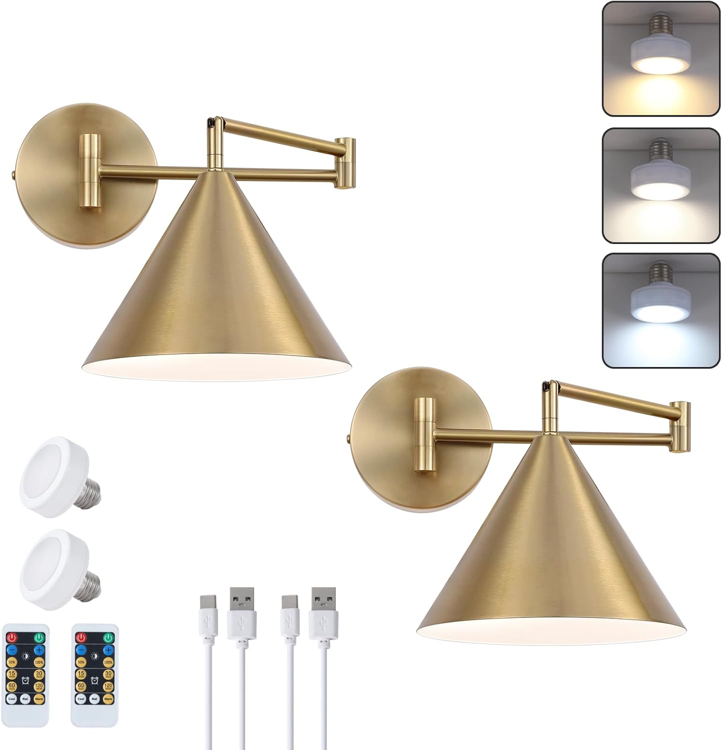 Rechargeable Swing Arm Wall Sconces Set of 2,Gold Battery Operated Wireless Dimmable 3 Color Wall Light with Remote,Cone Indoor Light Fixture for Bedside,Kitchen,Hallway,Living Room,Reading