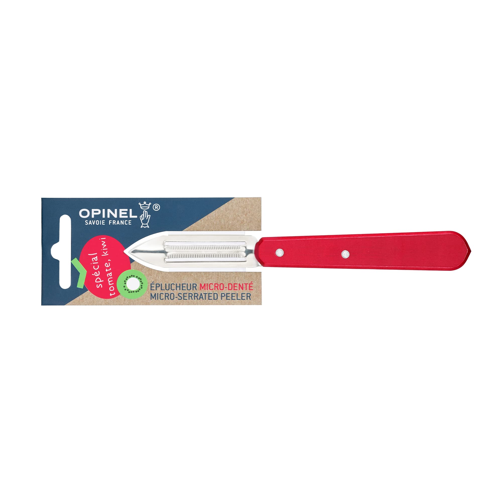 Opinel- Éplucheur N°115 Microdenté-​Lame Acier Inox 6 cm avec Microdenture-​Idéal pour Peler Facilement Tomates et Kiwis-​Manche Confortable en Charme Verni- Couleur Rouge