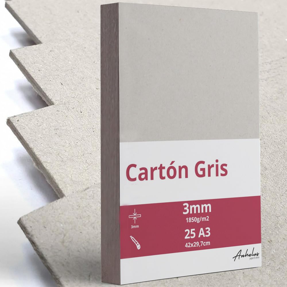 25 A3 Cartón Piedra Gris Prensado 3,0mm grosor | Tamaño 42x29,7cm | 1850gsm/m2 - Para encuadernar - Manualidades - Scrapbooking