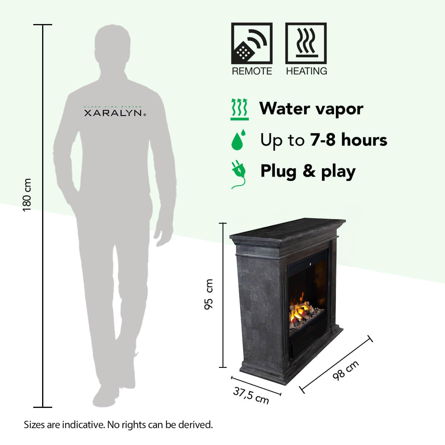 Xaralyn Camino elettrico Cadiz EAL-SBU antracite, rivestimento in pietra naturale grezza nera, riscaldamento da 1500 Watt, camino a vapore acqueo, telecomando