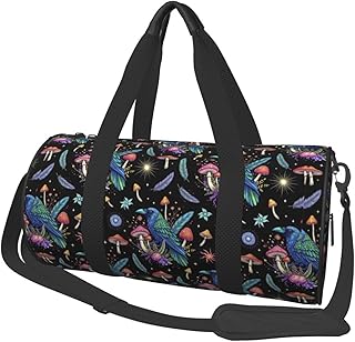 Travel Duffel Bag Magic Mushrooms Starry Sky Autumn Gothic Raven Bird Halloween Art Round Design, Large Capacity Carry On for Weekend Vacation, Sports & Training