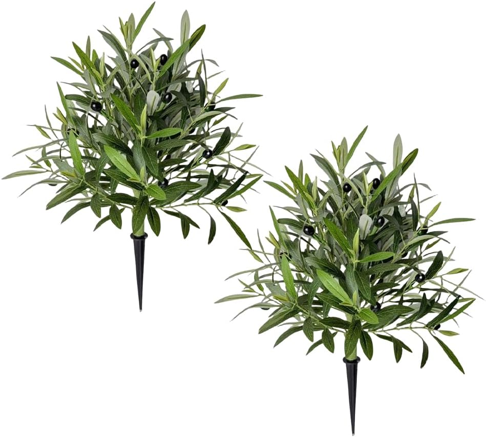 Artificial Topiary Ball Olive Tree with Spike,2 Pcs 55cm Faux Olive Trees Bushes with Ground Spike,UV Resistant Fake Shrubs for Front Porch Decor,Potted Fake Plants for Porch Garden Yard Pots