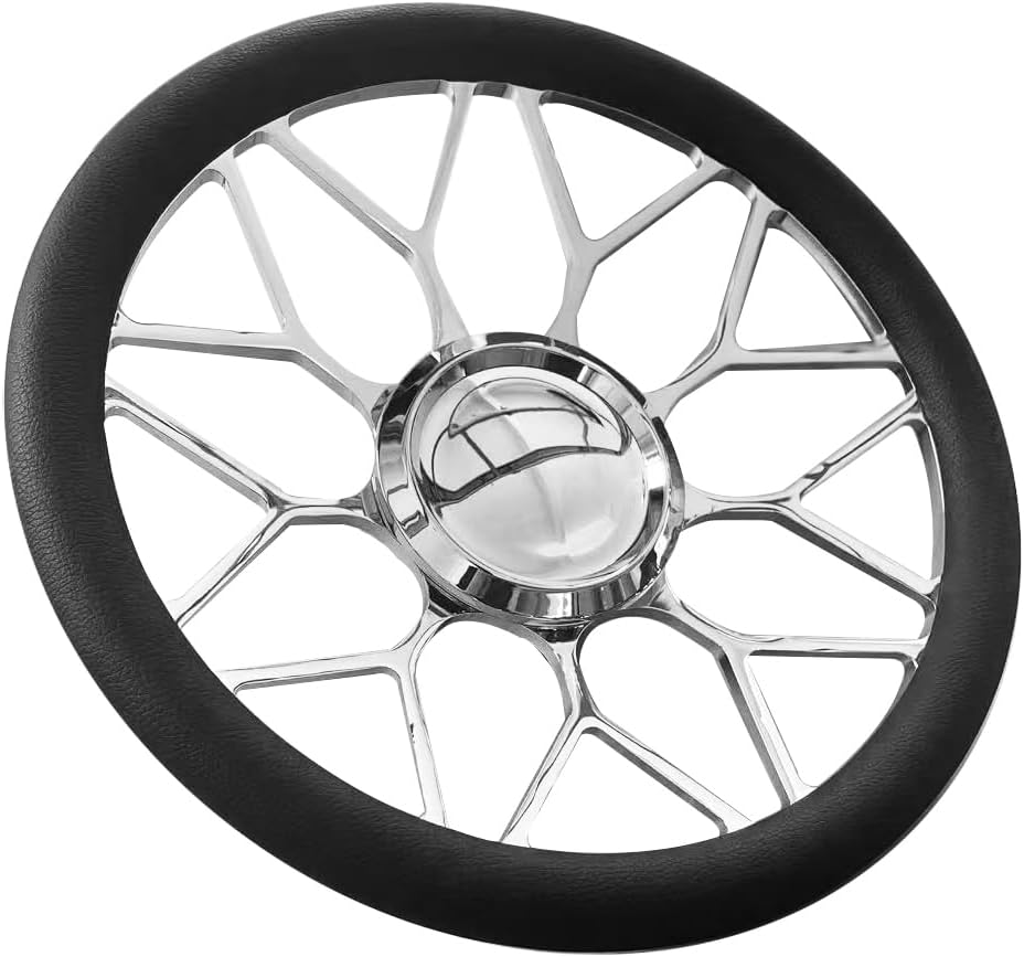14" ‘Mesh’ Style Billet Aluminum Steering Wheel, Black Leather Half Wrap with 9-Bolt Dish Design & Mirror-Polished Chrome Horn Button, Fits Most 1967-94 GM Cars